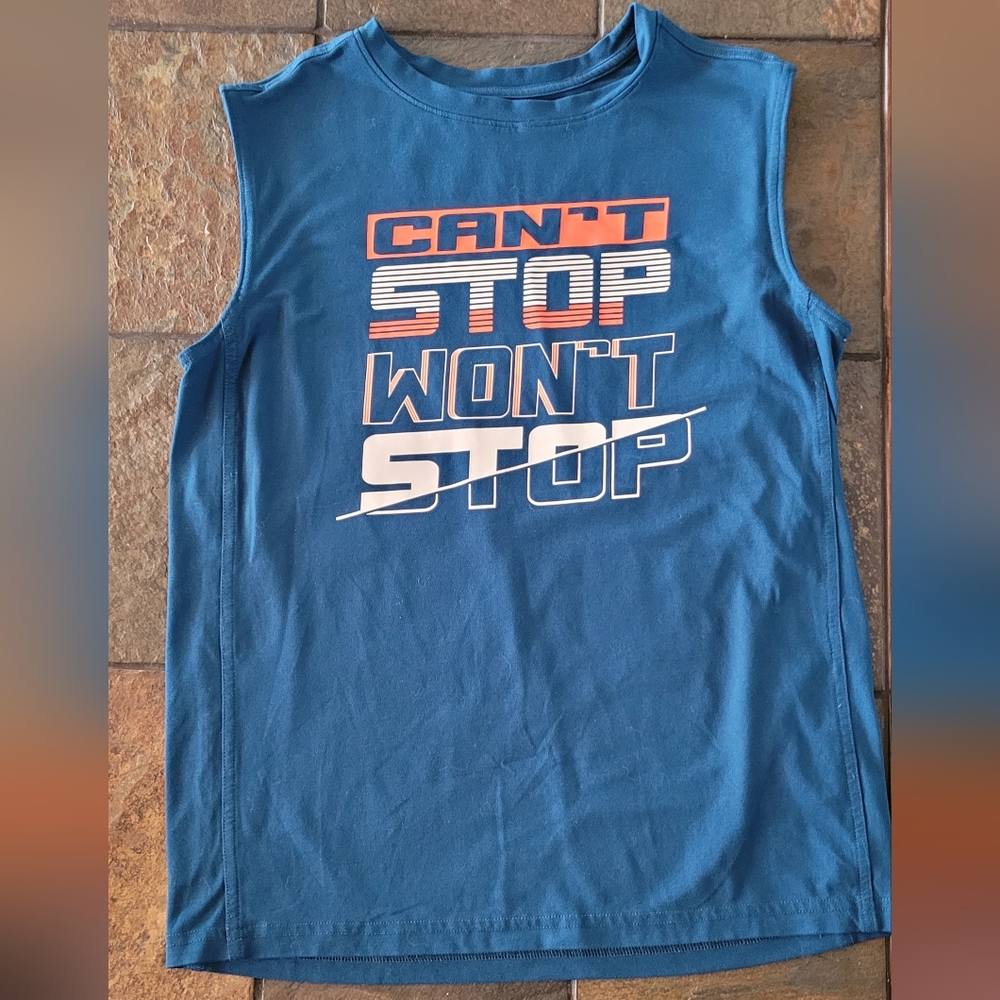 Youth tank top,  size LG. 12/14, blue with white and bright orange decal